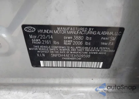2014 Hyundai Elantra Se из США, поврежденный, VIN 5NPDH4AE1EH509598